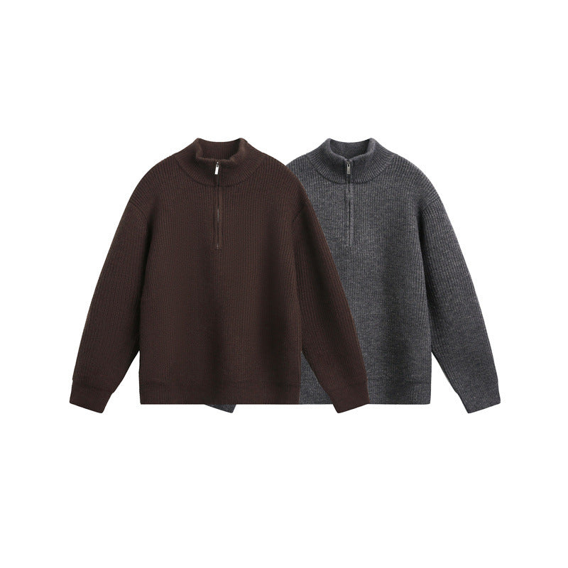 Unisex chunky knit pullover with half zipper and stand-up collar Chichicherry