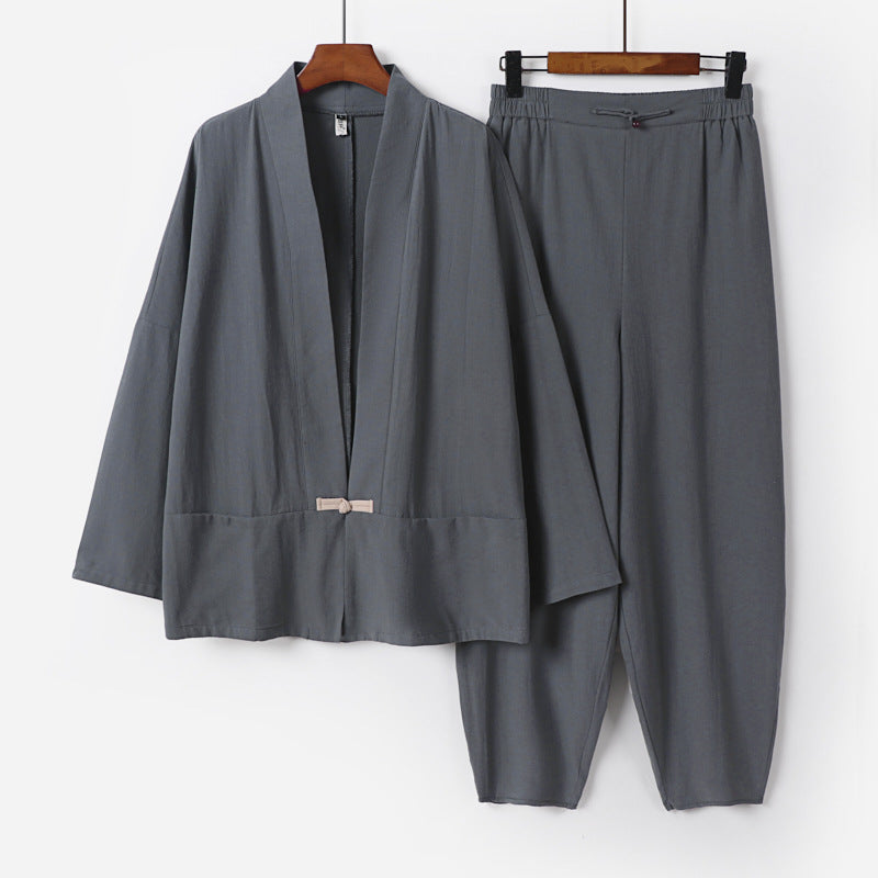 Men's Zen Relax Set with open kimono jacket, decorative toggle closure and tapered harem jogger pants Chichicherry
