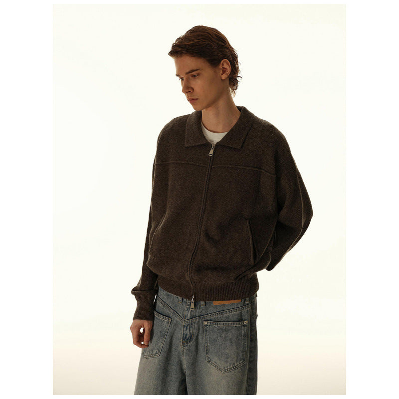 Men's knitted zip jacket with shirt collar, ribbed cuffs, and concealed side pockets Chichicherry
