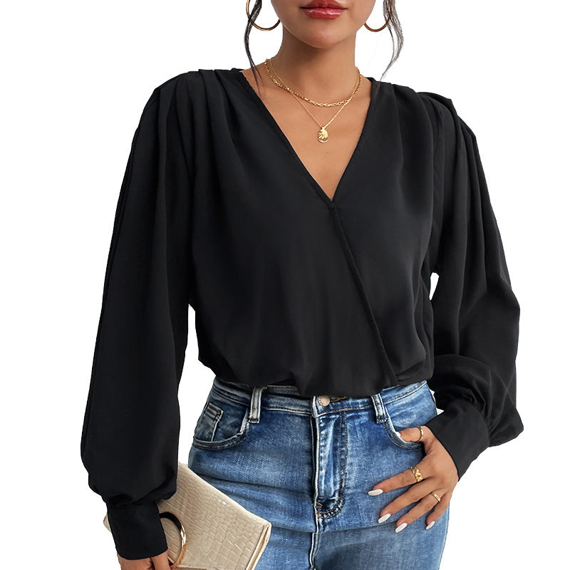 Women's Lightweight Wrap Blouse with V-Neck, Gathered Shoulders & Balloon Sleeves Chichicherry
