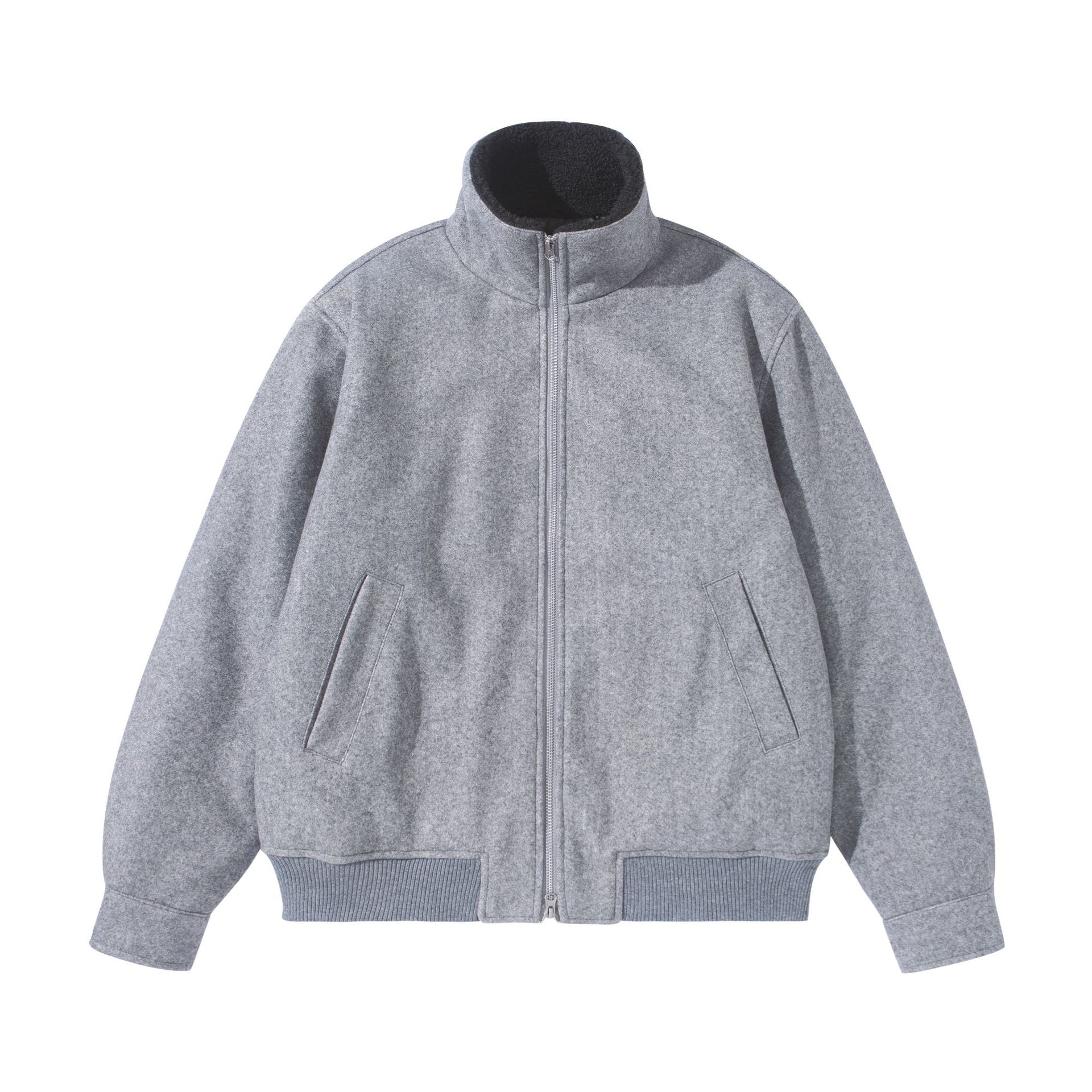Unisex Boxy Wool Felt Bomber Jacket with High Stand-Up Collar, Fleece Lining and Ribbed Hem Chichicherry