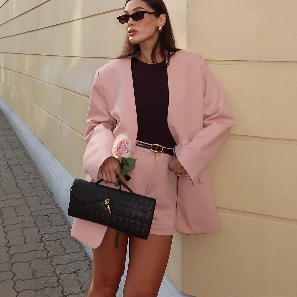 Women Oversized Blazer Set with High-Waist Shorts and Structured Shoulder Part Chichicherry