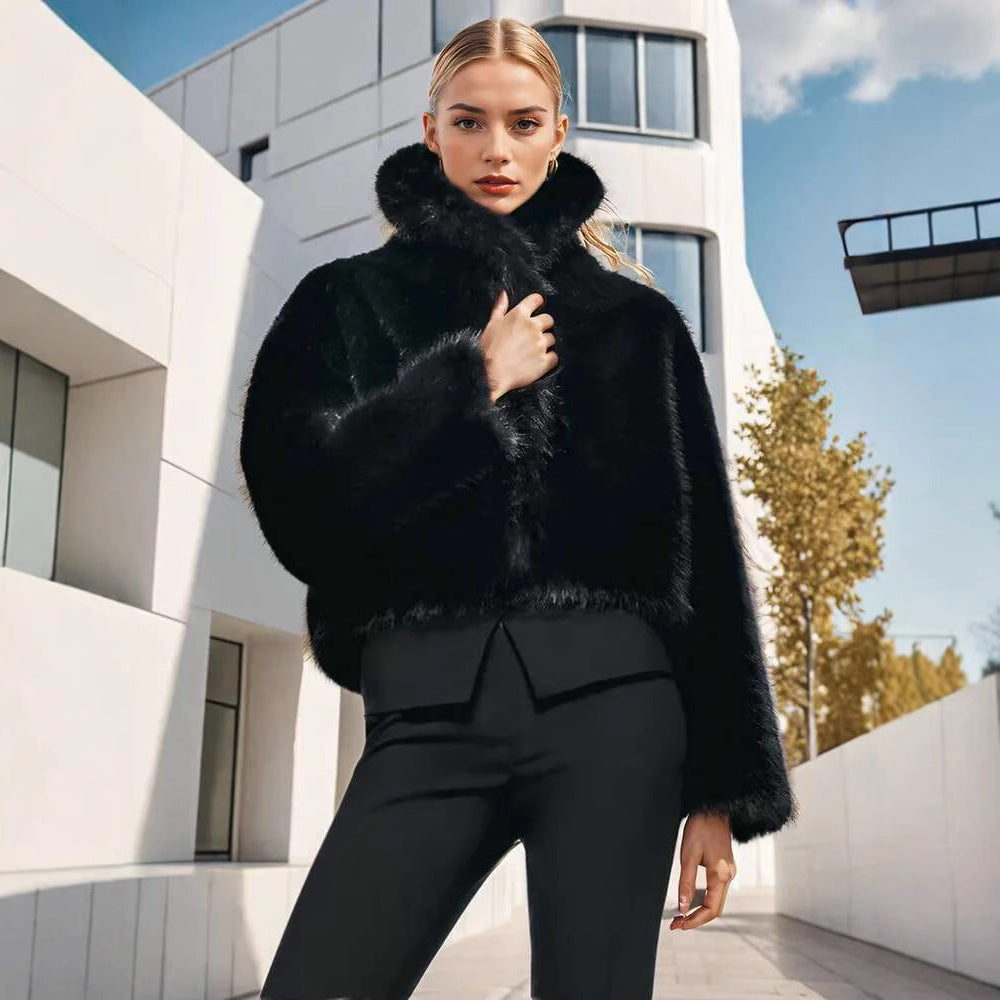 Women's Short Hooded Faux Fur Jacket with Dense Pile, Boxy Silhouette and Elastic Hem Chichicherry