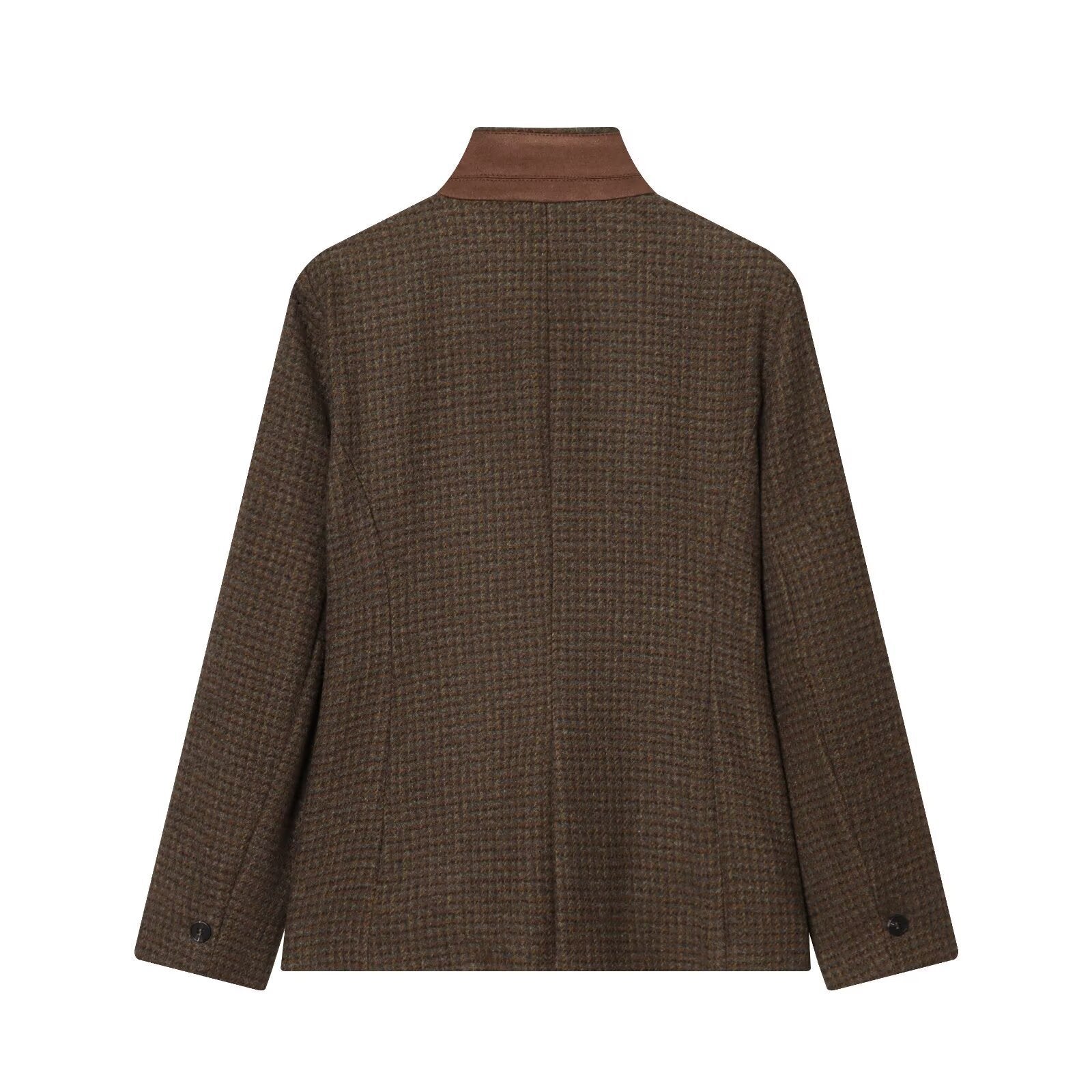 Women Short Tweed Blazer with Standing Collar, Button Placket and Flap Pockets Chichicherry