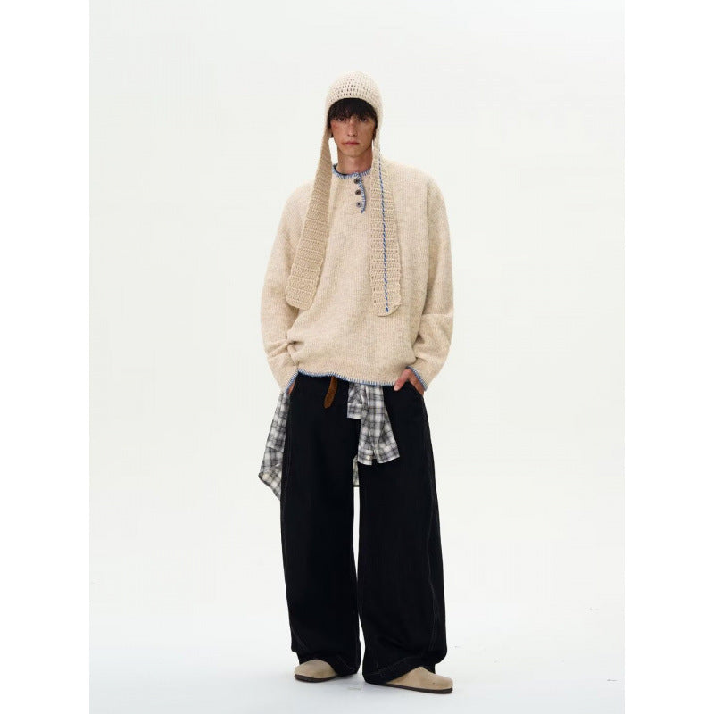 Herren Grobstrick-Henley-Pullover mit Bouclé-Optik und kontrastierten Bündchen Chichicherry