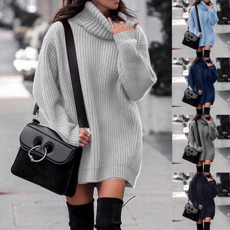 Women Oversized Long Sweater with Roll Neck, Ribbed Fine Knit and Figure-Flattering Tunic Length Chichicherry