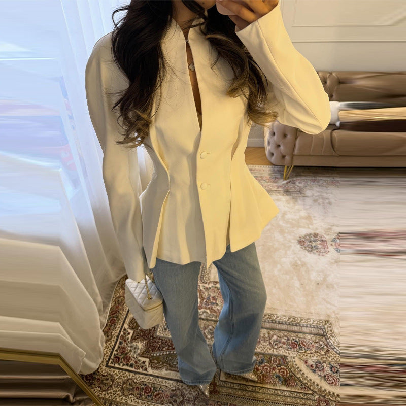 Women's Tailored Collarless Blazer Jacket with Concealed Button Placket and Figure-Hugging Darts Chichicherry