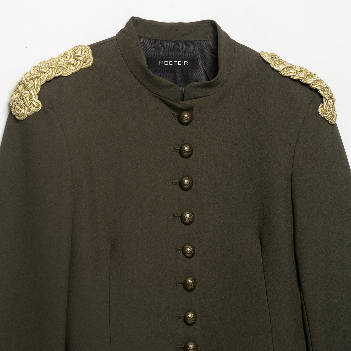Women's Cropped Military Jacket with Stand-up Collar, Gold Shoulder Cord and Decorative Button Placket Chichicherry