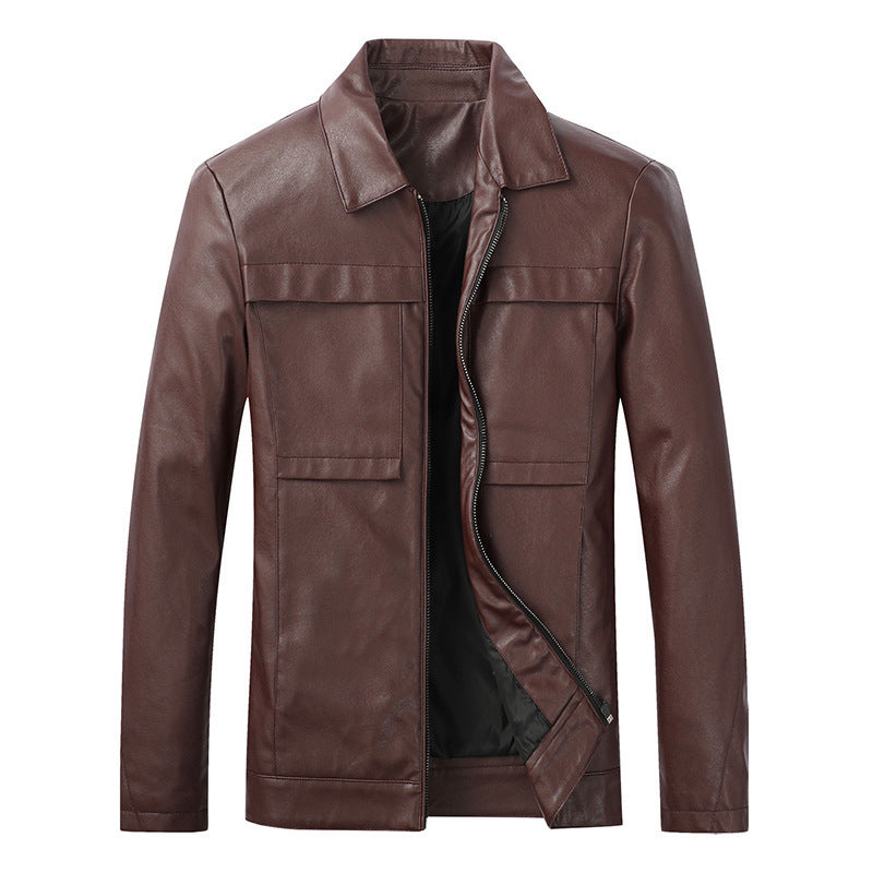 Men's Slim-Fit Leather Look Trucker Jacket with Shirt Collar, Concealed Zipper and Flap Pockets Chichicherry