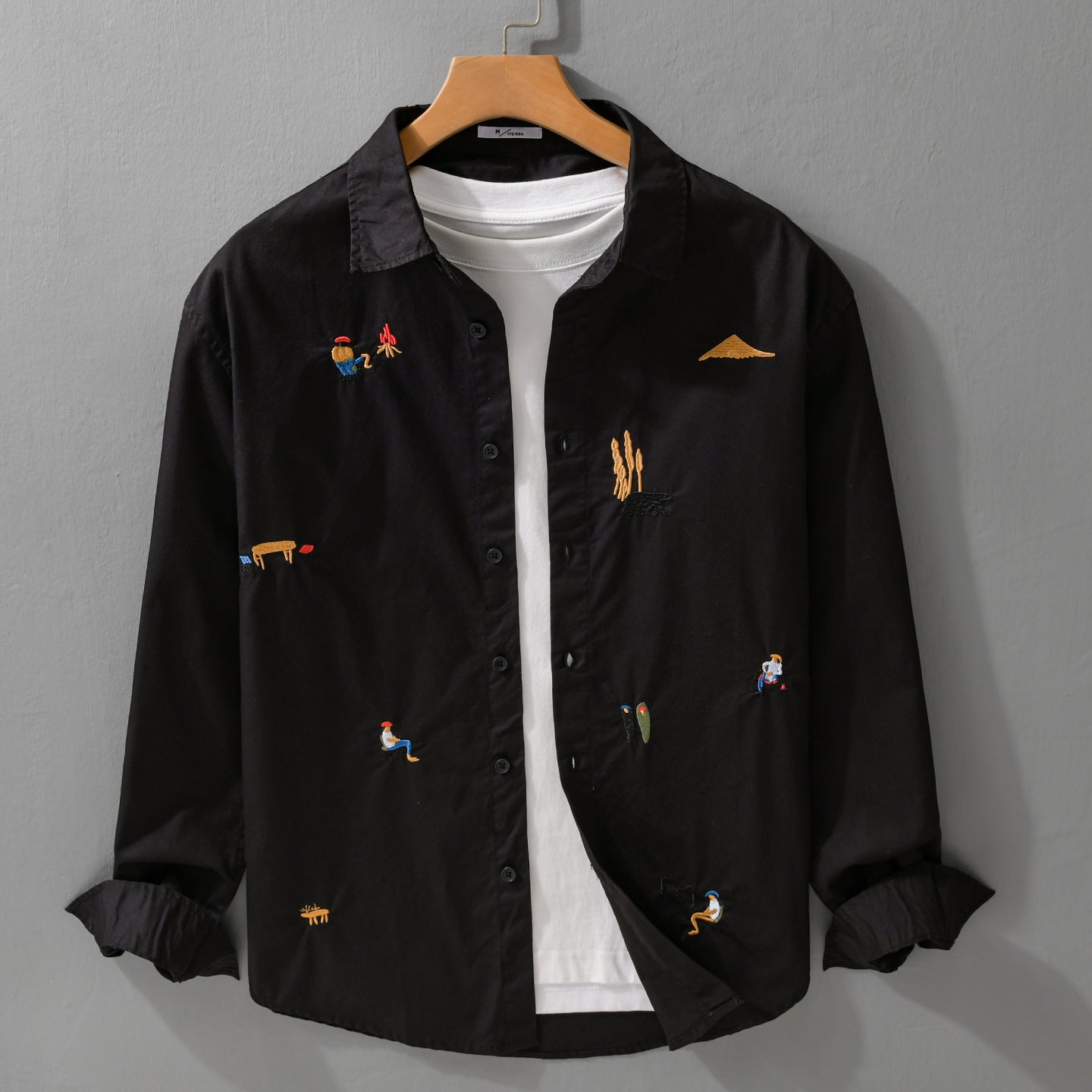 Men's Cotton Kent Collar Shirt with Fine Mini Embroideries in Relaxed Fit Chichicherry