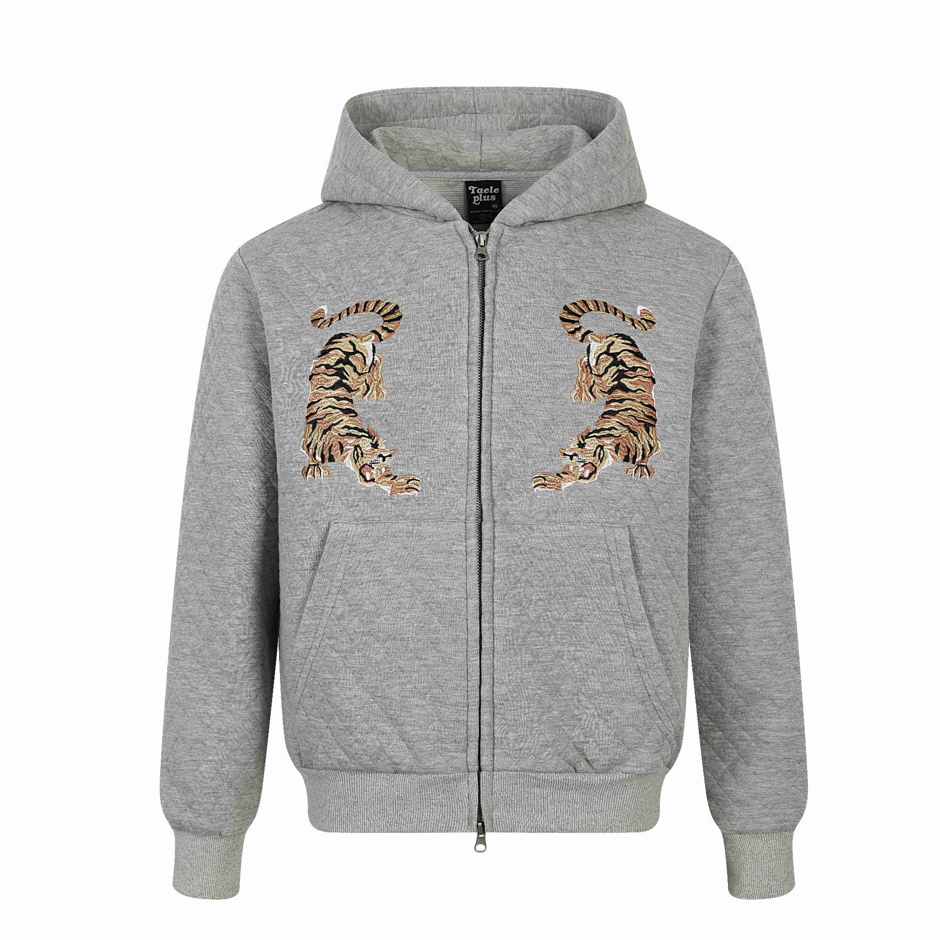 Unisex Quilted Hooded Jacket with Zipper, Kangaroo Pocket and Reflective Tiger Embroidery Chichicherry