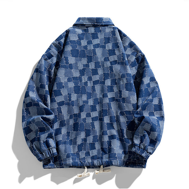 Men's oversized checkered denim jacket with snap buttons, flap pockets, and drawstring Chichicherry