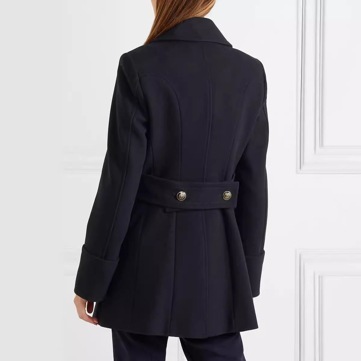 Women Elegant tailored midi-length double-breasted blazer coat with distinctive shoulder and decorative round buttons Chichicherry