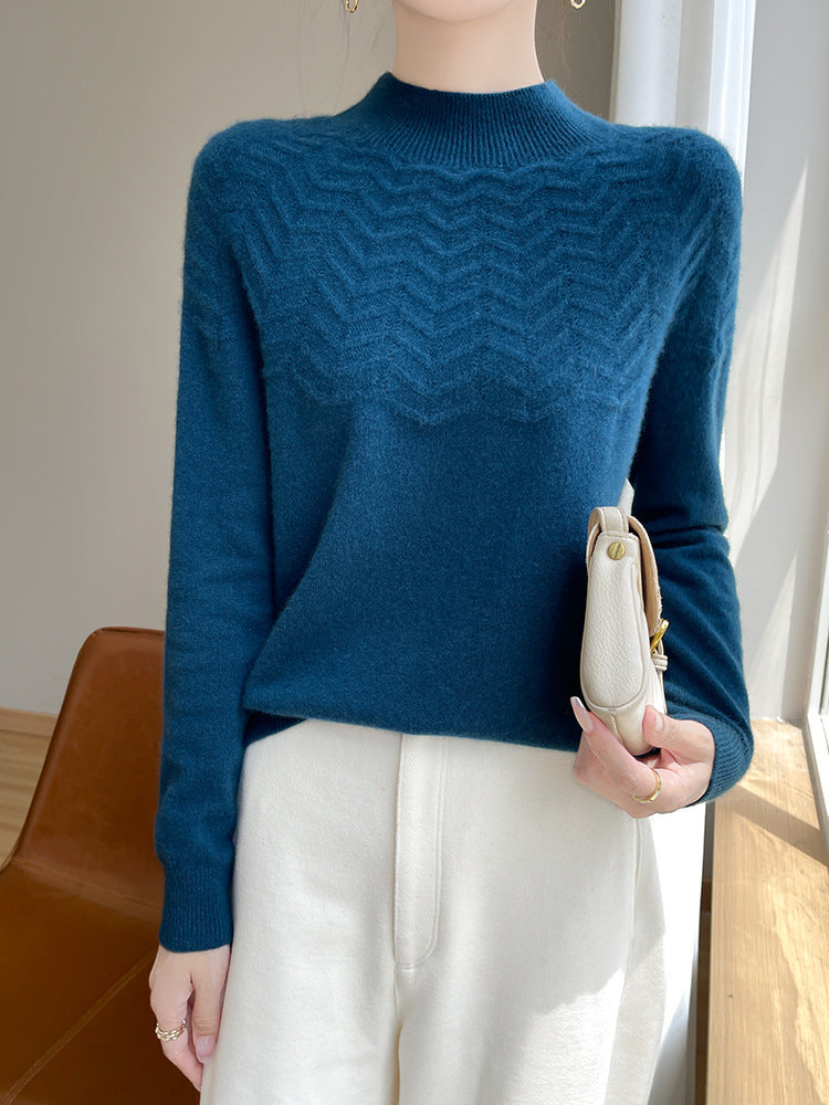 Women's Soft Fine Knit Mock Neck Sweater with Chevron Ajour and Cashmere Look Chichicherry