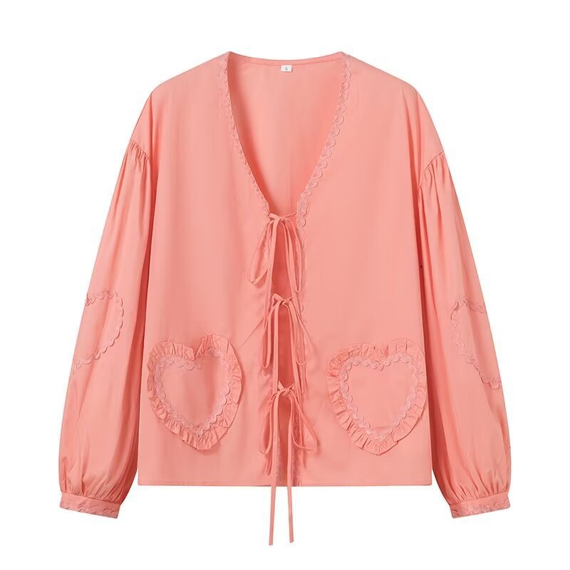 Women's Long-Sleeved V-Neck Blouse with Ties and Heart Ruffle Pockets Chichicherry