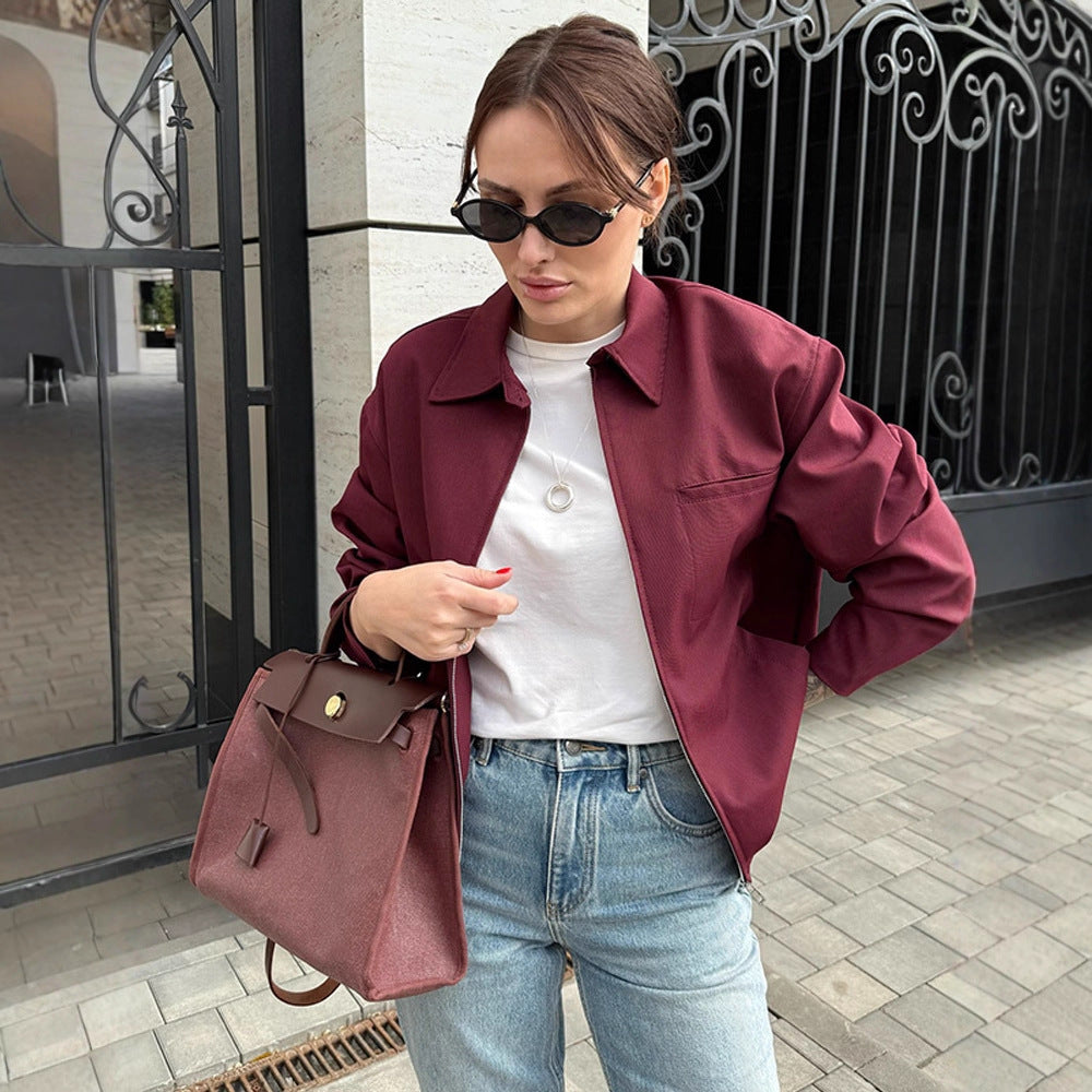 Women's lightweight twill transition jacket with shirt collar, concealed zipper, and boxy silhouette Chichicherry