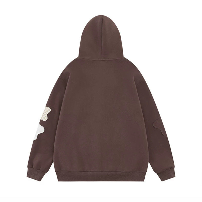 Women Oversize Zip Hoodie with Floral Star Appliqués and Button Details Chichicherry