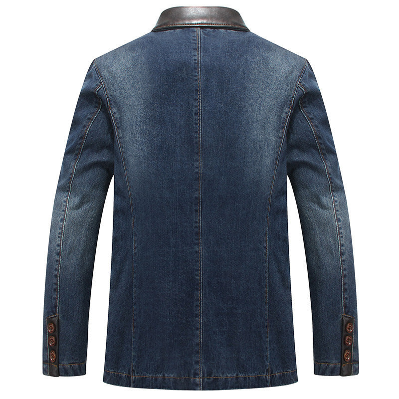 Men's Elegant Denim Blazer Style Jacket with Faux Leather Trim and Paisley Lining Chichicherry