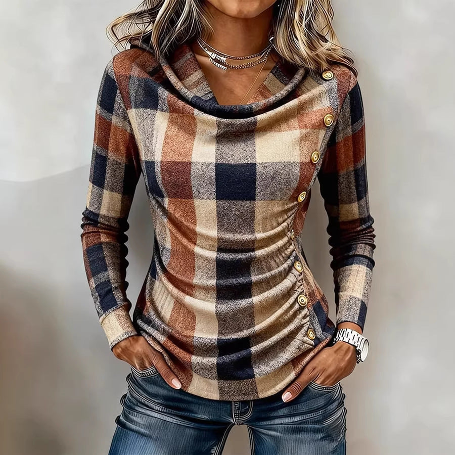 Women's checked fitted long-sleeve shirt with waterfall neckline and side button placket Chichicherry