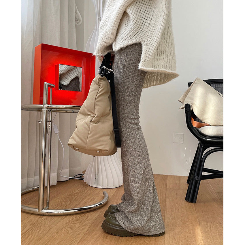 Women Ribbed High-Waist Flared Knit Pants made of soft wool blend Chichicherry