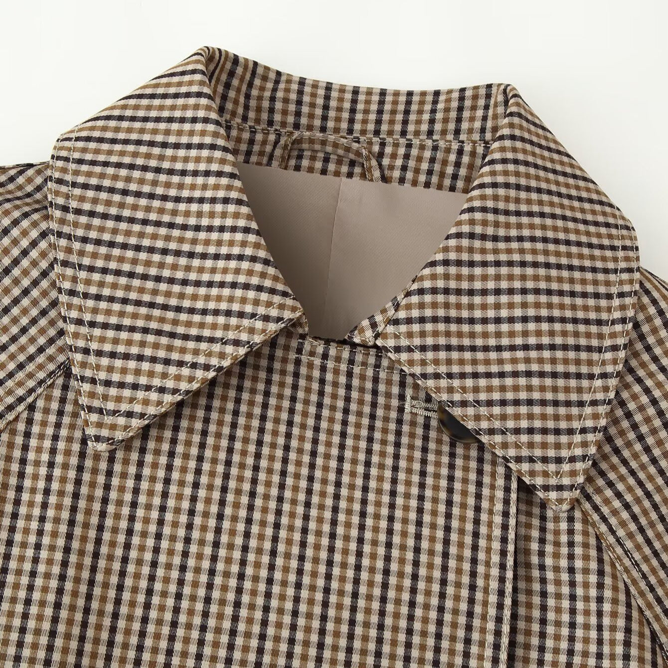 Women Cropped Double-Breasted Check Trench Coat with Waist Tie Belt and Flared Cuffs Chichicherry