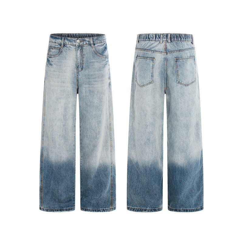 Women's Wide High-Waist Denim Jeans with Ombre Hem and Elastic Back Chichicherry