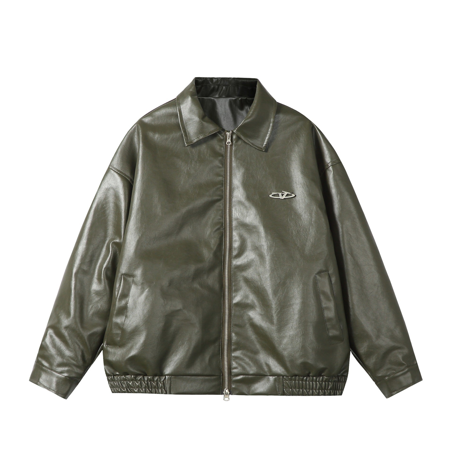 Ladies Oversize Smooth Leather Look Blouson Jacket with Elastic Hem and Metal Logo Chichicherry
