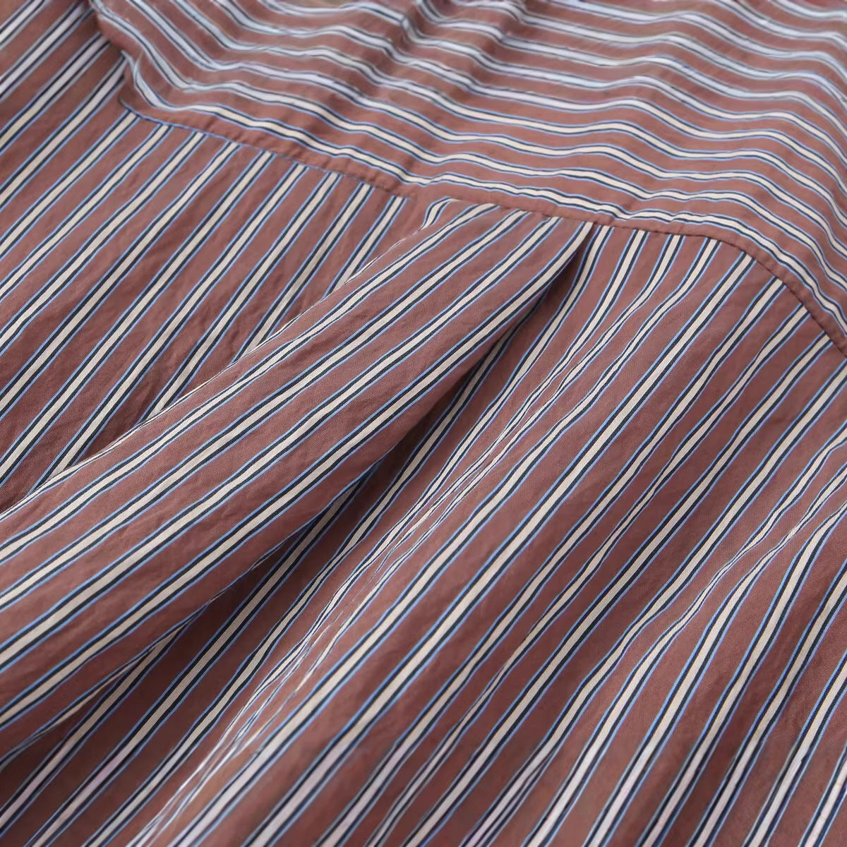 Women's Oversized Shirt Blouse with Vertical Stripe Pattern and Full Button Placket Chichicherry