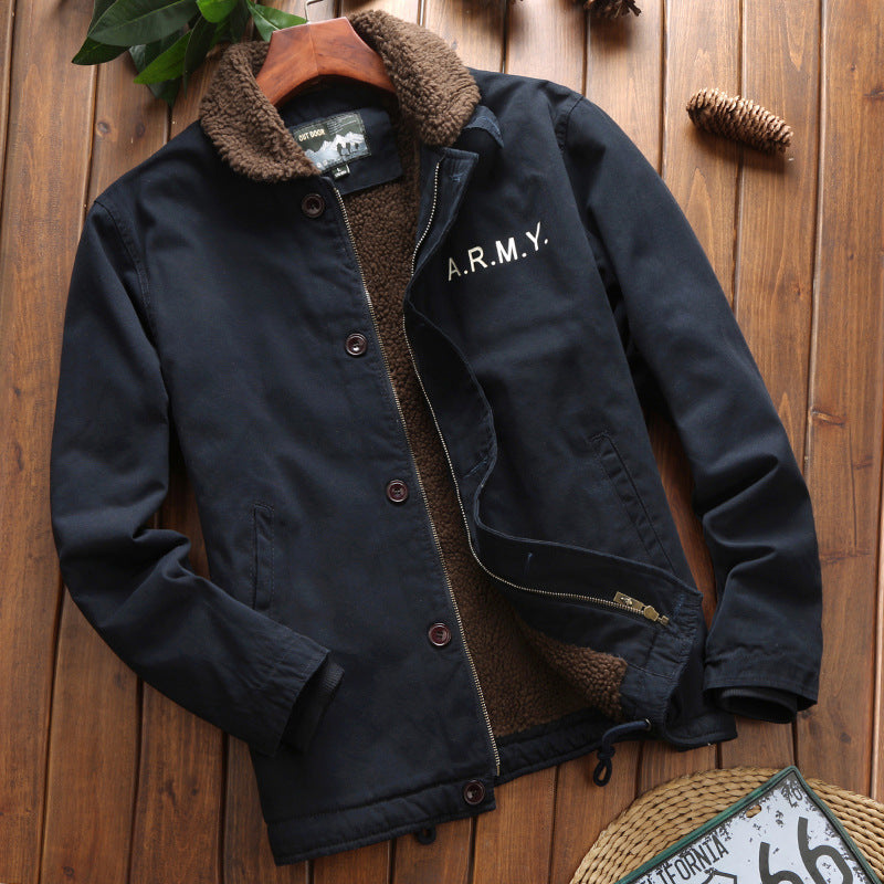 Men's vintage-inspired canvas bomber jacket with voluminous Sherpa lining, dual front opening, and reinforced pockets Chichicherry
