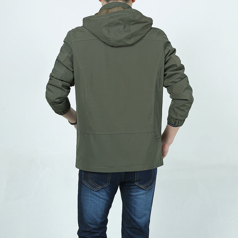 Men's Light Hoodie Field Jacket in Urban Utility Style with Zipper and Multifunctional Pockets Chichicherry