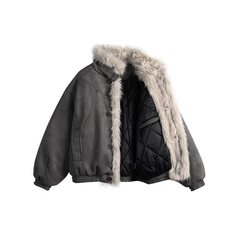 Women's short-cut bomber jacket in lambskin look with high stand-up collar and faux fur trim Chichicherry