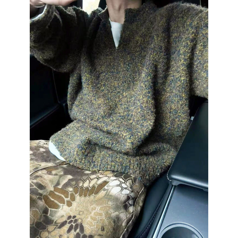 Herren Melangé Grobstrick-Pullover mit V-Schlitz und lockerem Oversize-Schnitt Chichicherry