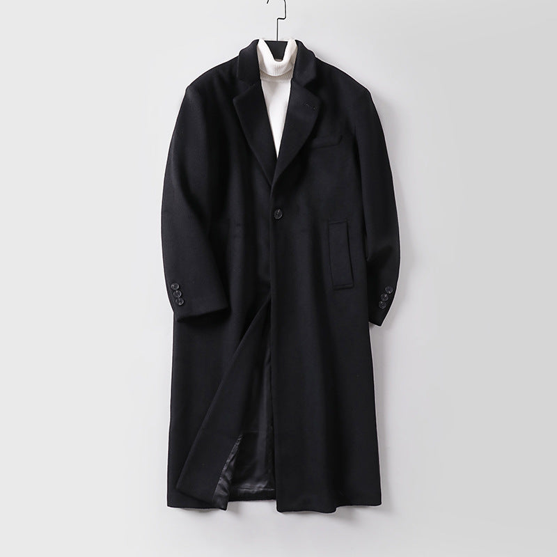Men's Elegant Long Single-Breasted Wool Coat with Narrow Lapels and Tailored Silhouette Chichicherry