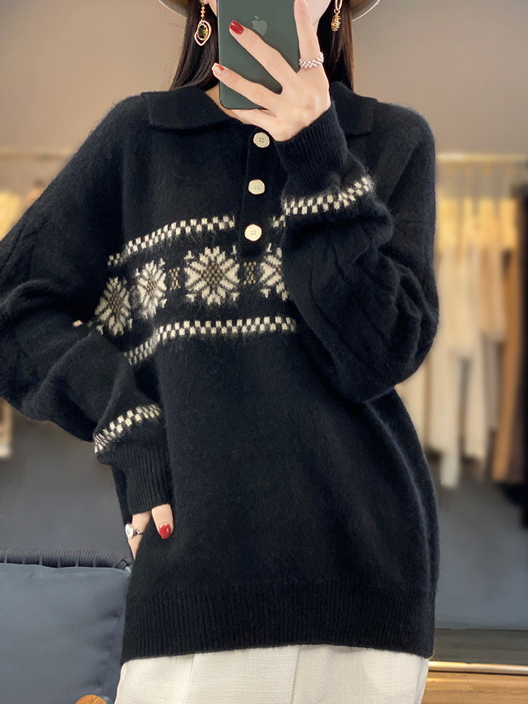 Women's Oversized Polo Collar Knit Sweater with Norwegian Pattern and Raglan Sleeves Chichicherry