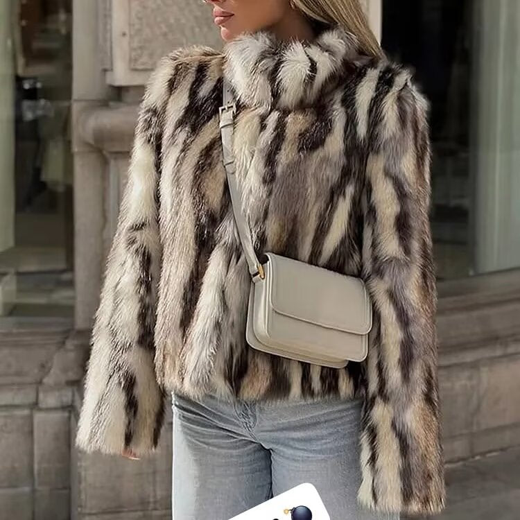 Women's Short Cut Faux Fur Bomber Jacket with Stand Collar and Tailored Fit Chichicherry