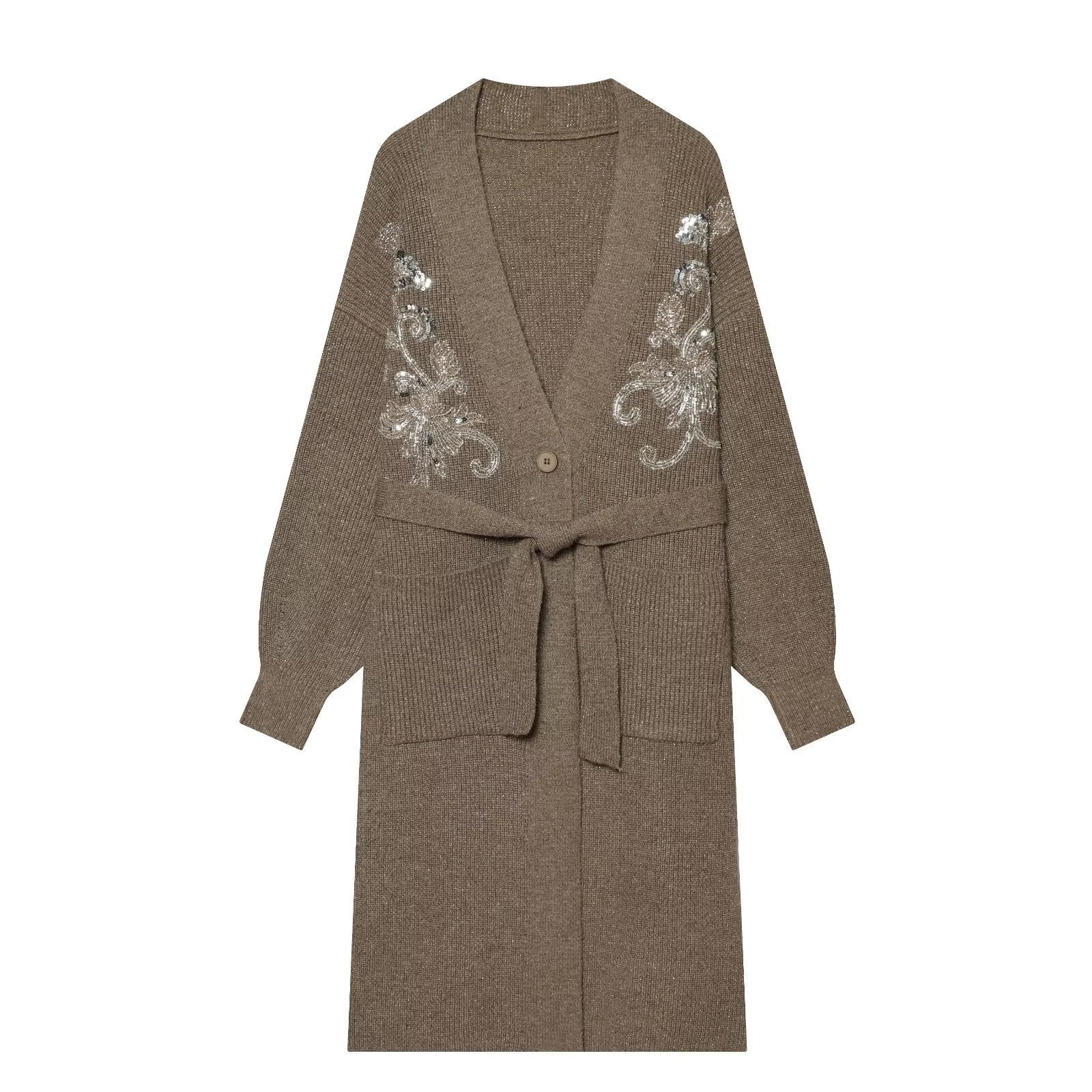 Women's long knit cardigan with waist belt and sequin embroidery Chichicherry