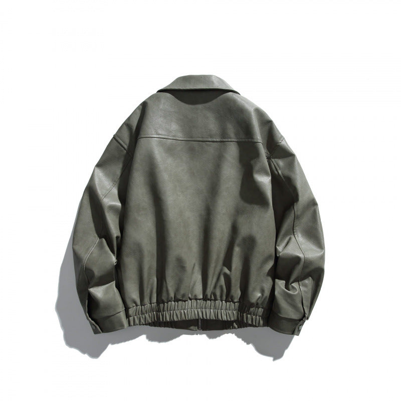 Men's short boxy leather look blouson jacket with shirt collar, front zipper and elastic hem Chichicherry