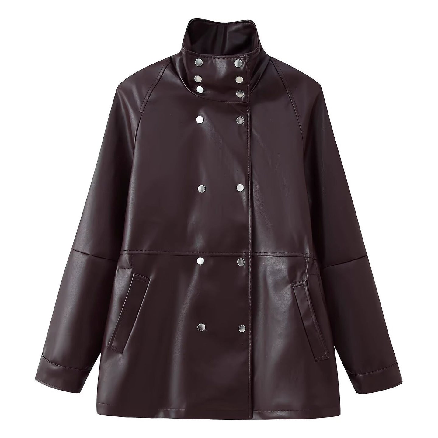 Women's Mid-Length Faux Leather Coat with High Stand-Up Collar and Double-Breasted Snap Buttons Chichicherry
