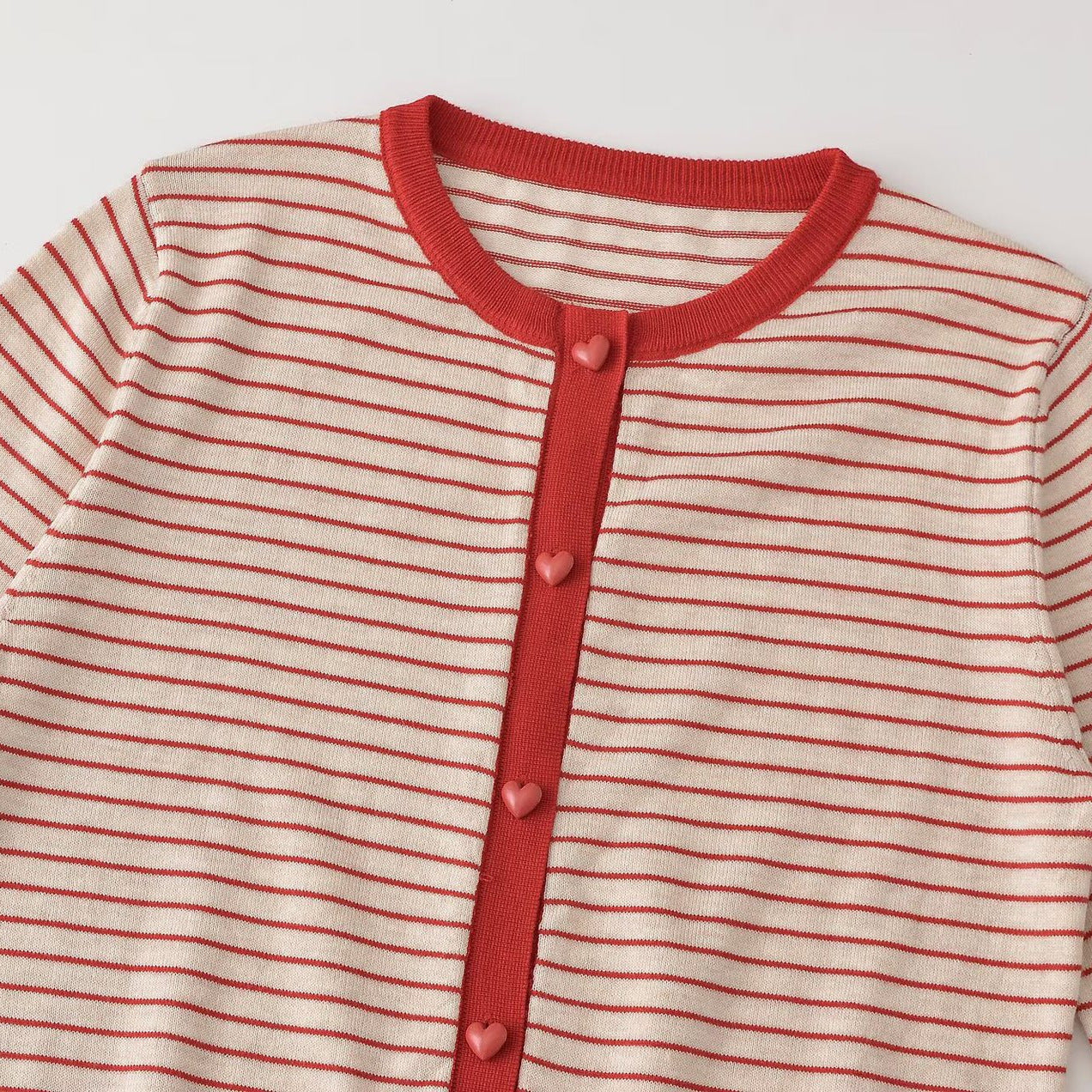 Women Striped Cropped Fine Knit Cardigan with Heart Buttons and Rib Trimmings Chichicherry