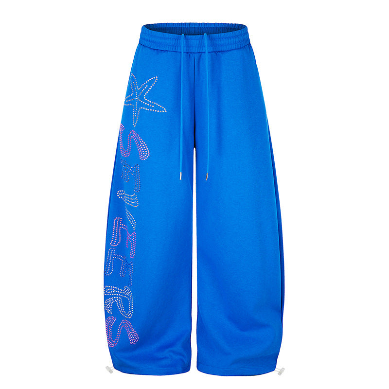 Women's Extra Wide Palazzo Jogger Pants with Drawstring Waistband, Adjustable Hem and Rhinestone Lettering Chichicherry