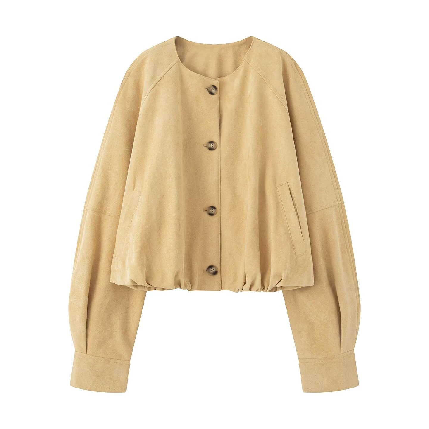 Women Short Blouson Jacket in Cropped Look with Round Neckline and Balloon Sleeves Chichicherry