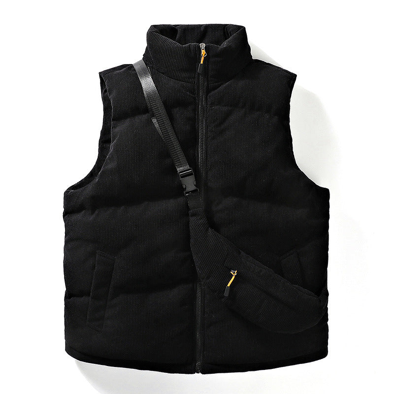 Men's Quilted Cord Sleeveless Thermal Vest with Stand Collar and Integrated Crossbody Bag Chichicherry