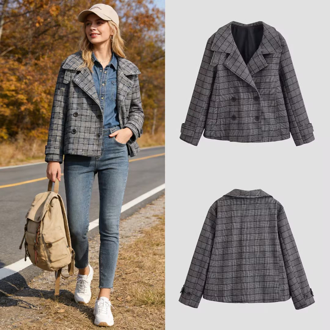 Women's Short Double-Breasted Glencheck Coat with Wide Lapels Chichicherry