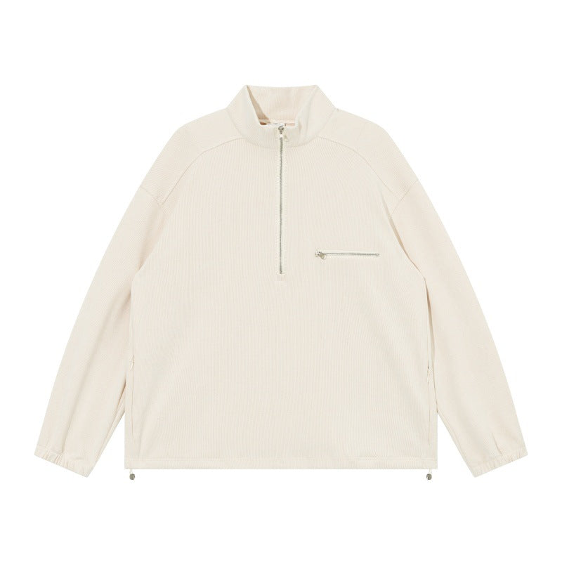 Unisex Oversize Half-zip Pullover made of cord mix with chest zip pocket and drawstring hem Chichicherry