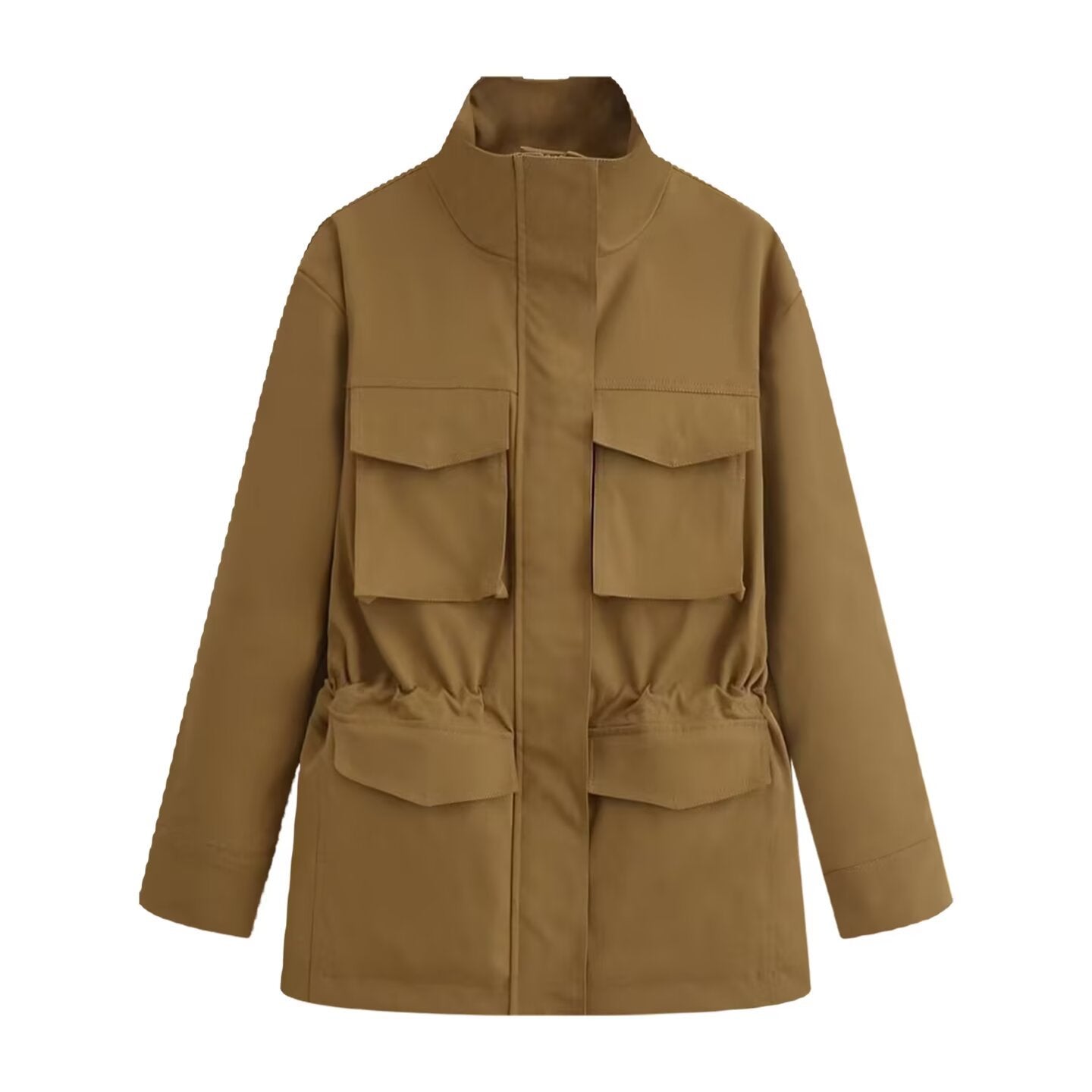 Women's utility jacket with drawstring waist, stand-up collar, and flap pockets Chichicherry