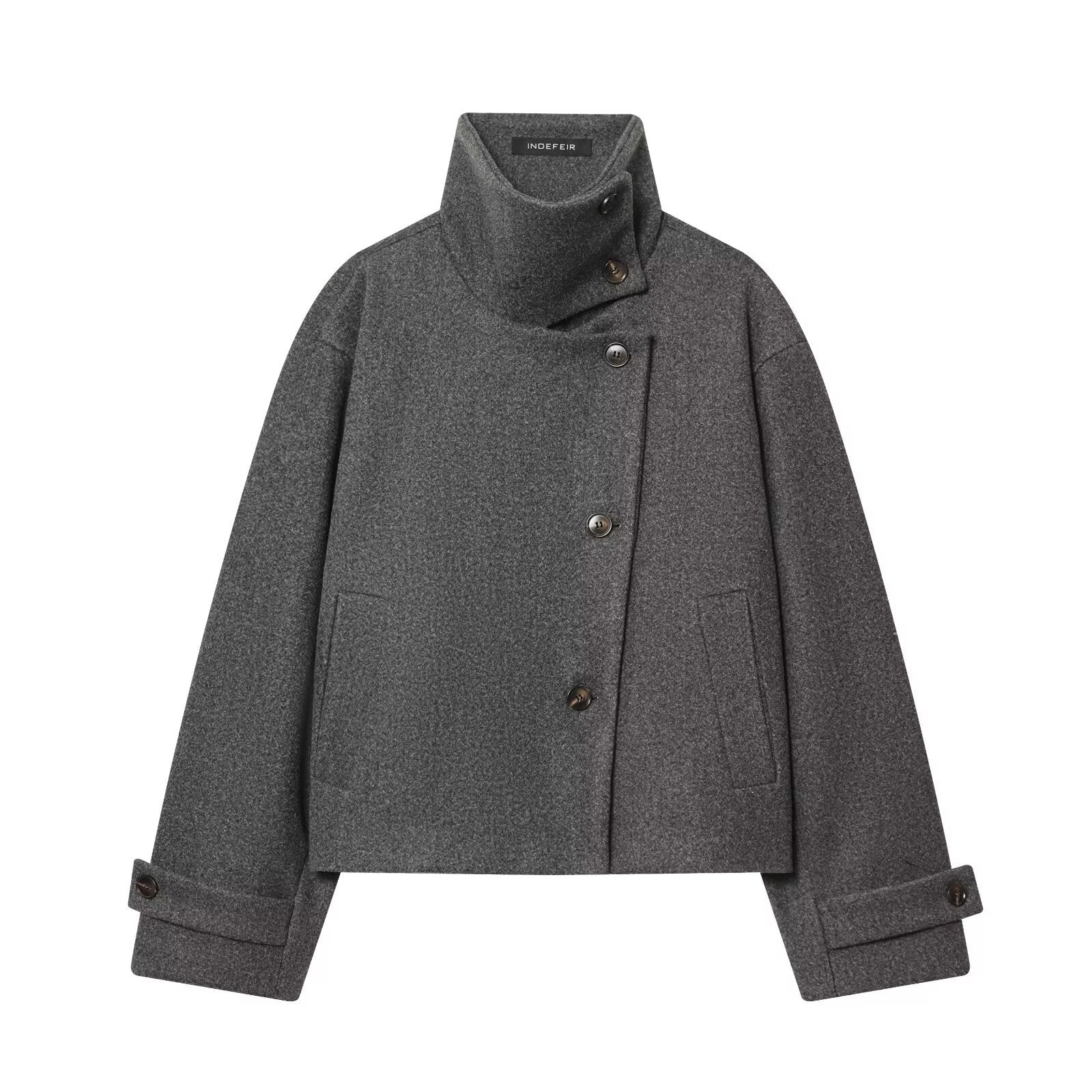 Women's Short Boxy Wool Coat with Asymmetrical Button Placket and Stand-up Collar Chichicherry