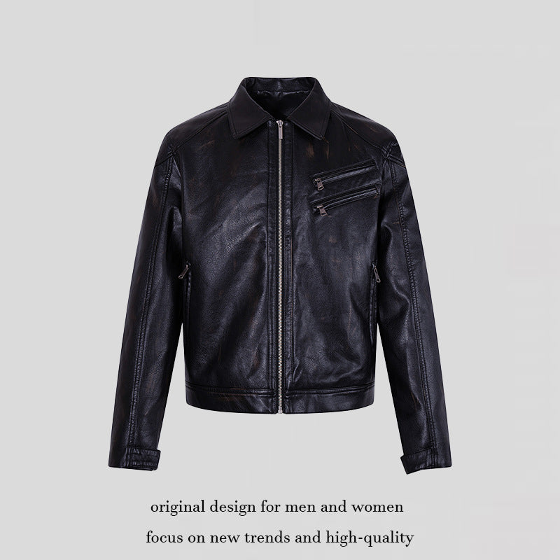 Men's Tailored Biker Jacket Made of Synthetic Leather with Shirt Collar, Zipper and Diagonal Chest Pockets Chichicherry