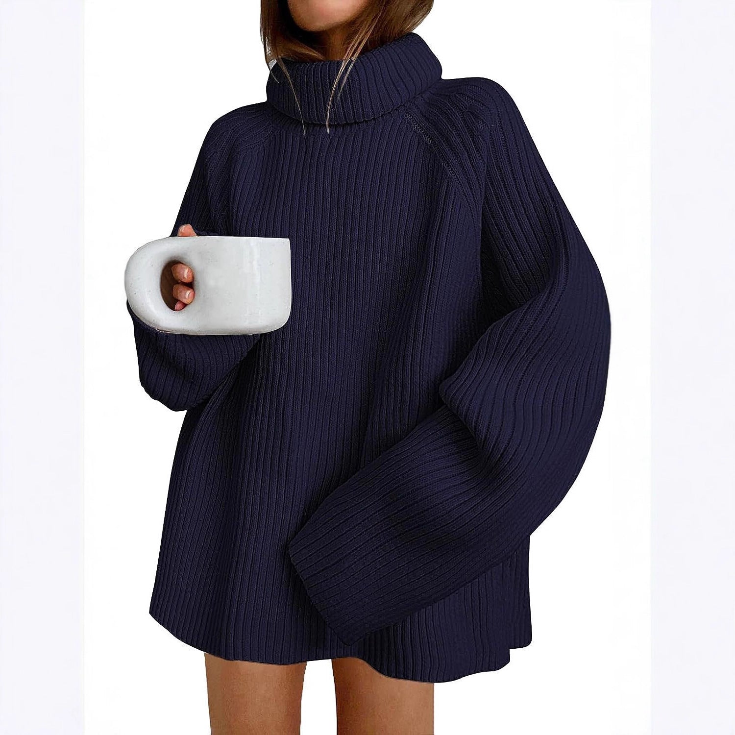 Women’s Oversize Pullover Dress made of Rib Knit with High Roll Neck and Voluminous Sleeves Chichicherry