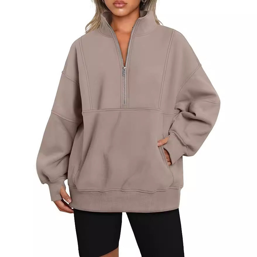 Damen Oversized Sweatshirt mit halbem Reißverschluss, Kängurutasche und Stehkragen Chichicherry