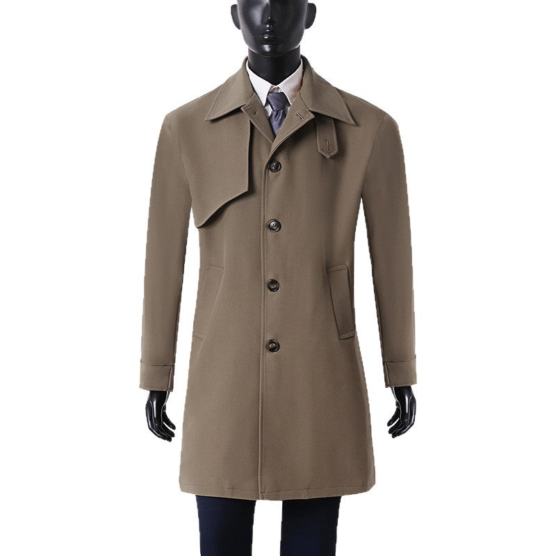 Men's modern minimalist trench coat with asymmetric shoulder flap and knee-length silhouette Chichicherry